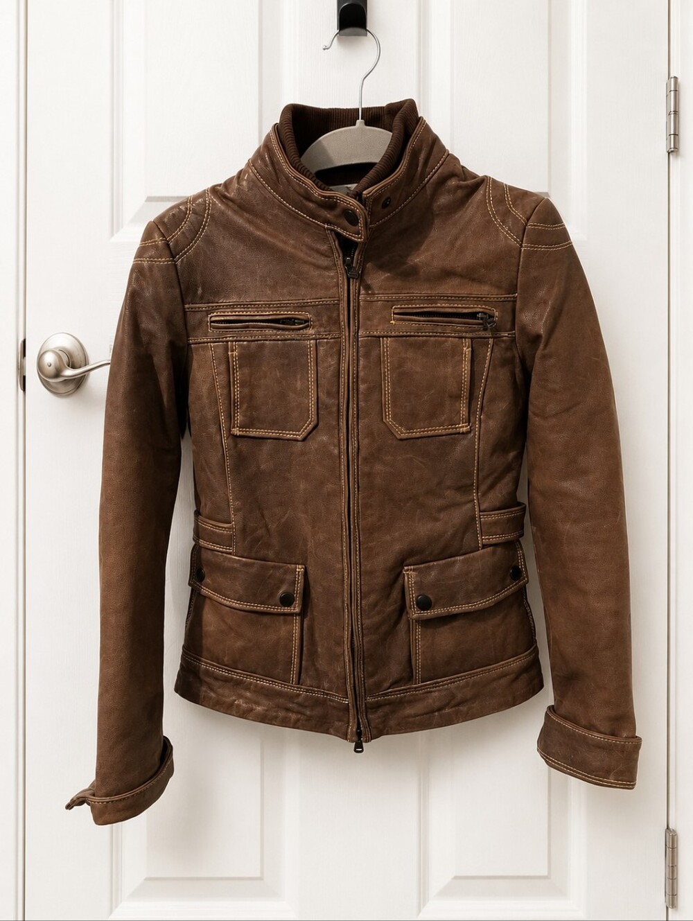 Comstock Genuine Leather Moto Jacket Women's Size 2 Distressed Brown